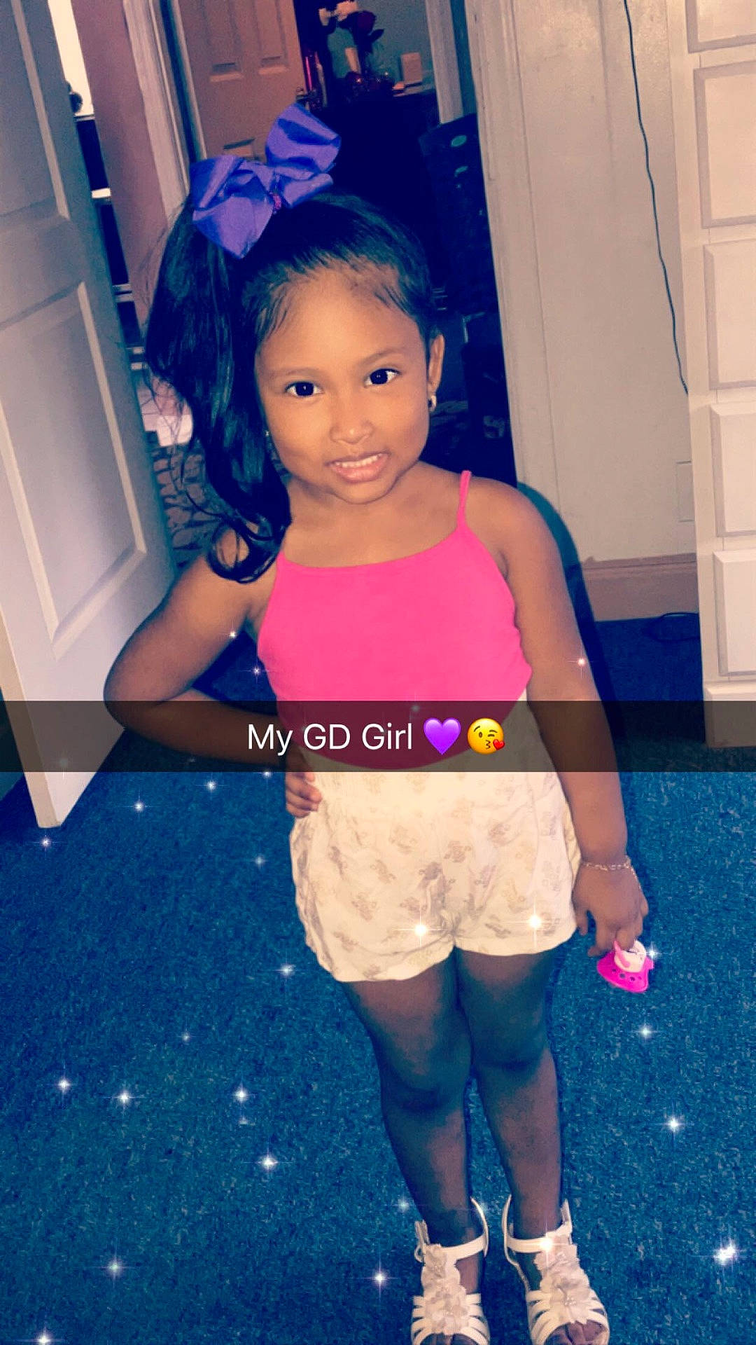 Jaslyn is registered to the contest to win money with this photo: arm, child, cool, day, fun, girl, hair, hairstyle, human_body, human_hair_color, joint, leg, person, pink, product, purple, shoulder, sitting, snapshot, standing