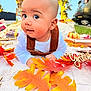 baby, infant, blanket, autumn_leaves, fall, outdoor, tree, lights, decoration, pumpkin, grass, car, clothing, face, portrait, cute, toddler, smile, hand, nature