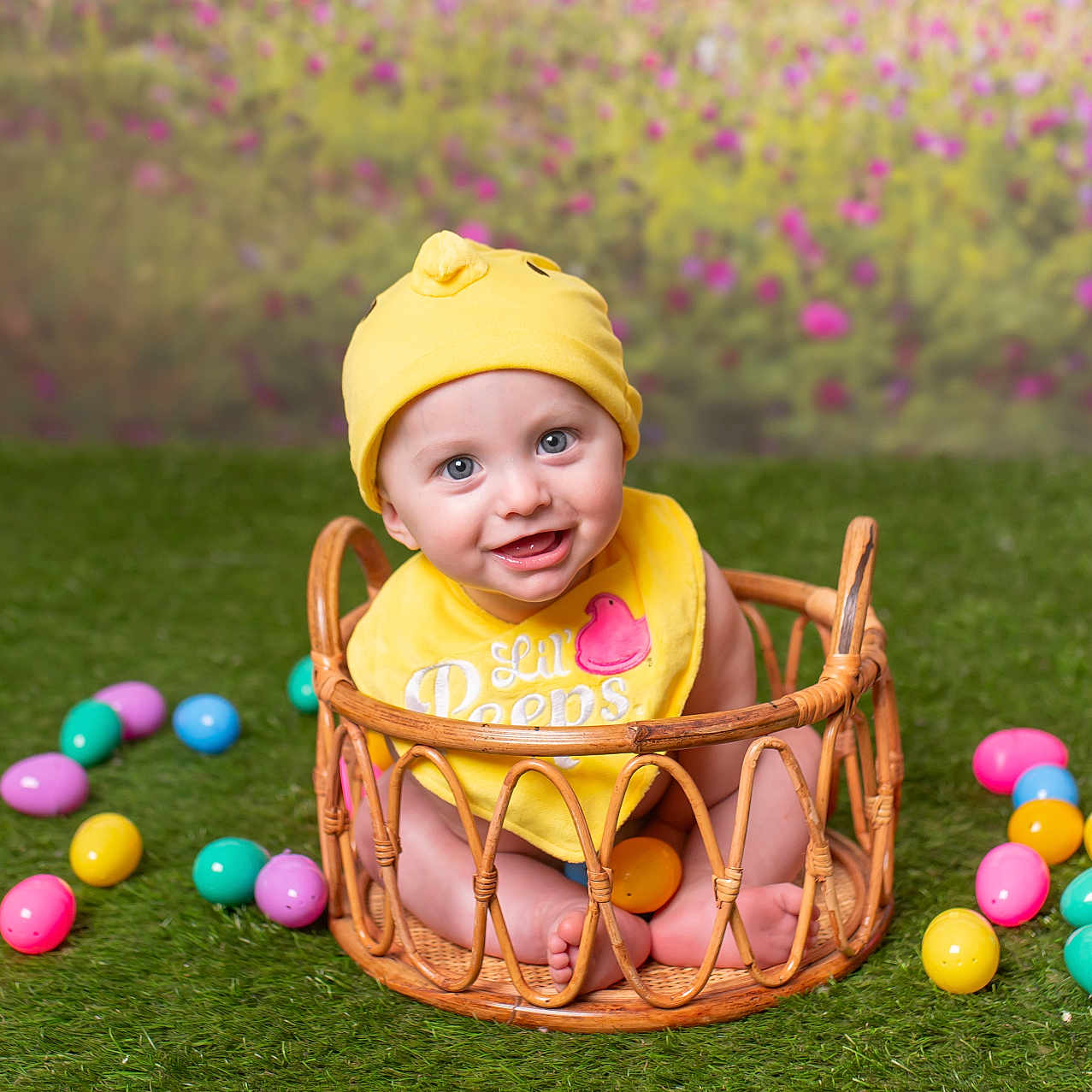 William joined the competition — help win amazing prizes! baby, background, basket, child, colorful_eggs, cute, easter_eggs, grass, green_grass, happy, indoor, playful, portrait, sitting, smiling, spring, toy, wicker, yellow_bib, yellow_hat