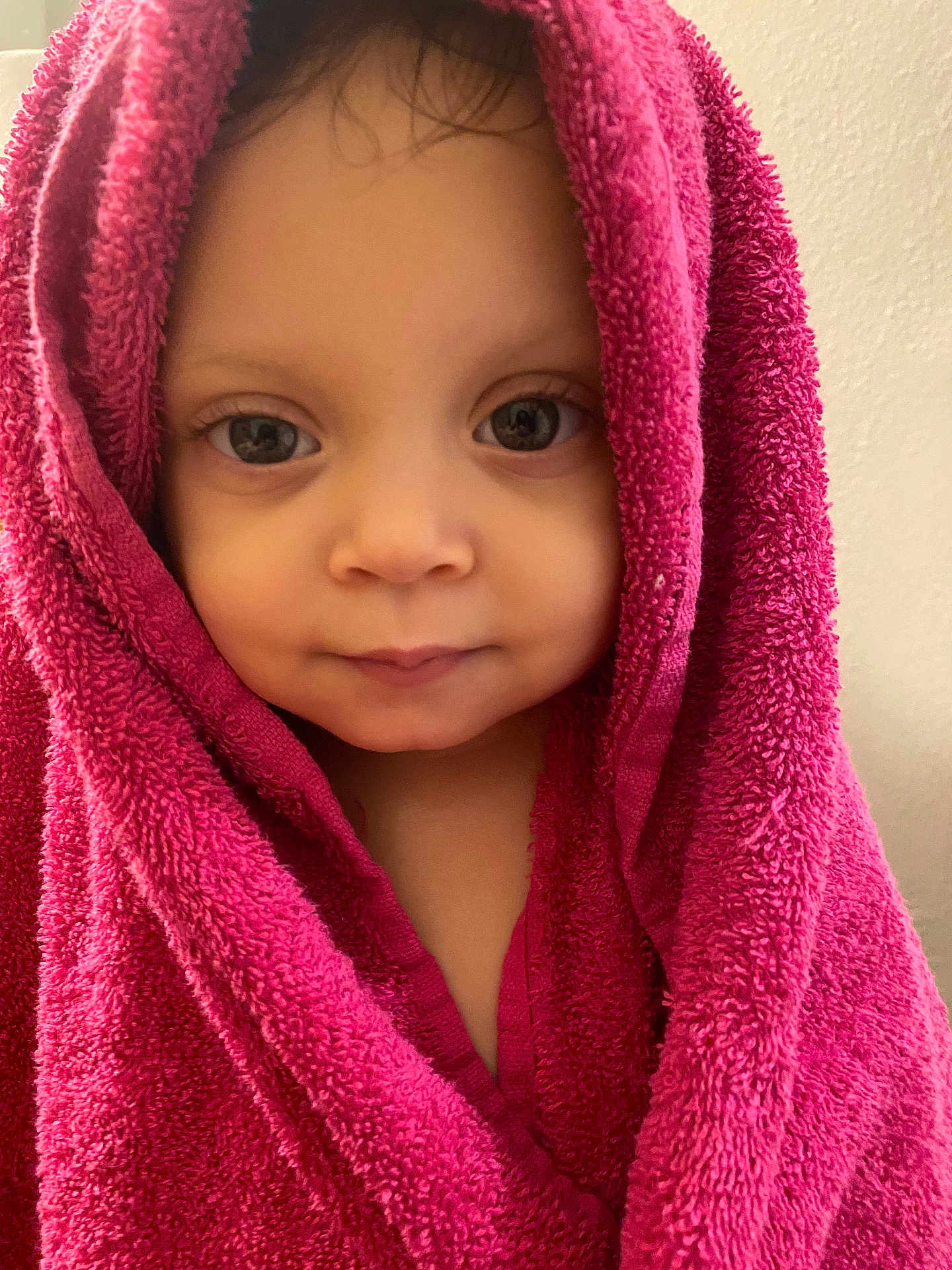 Luna joined the competition — help win amazing prizes! toddler, child, face, portrait, pink_towel, wrapped, cute, skin, eyes, expression, cozy, indoor, young_child, person, baby, head, looking, closeup, soft_texture, warm