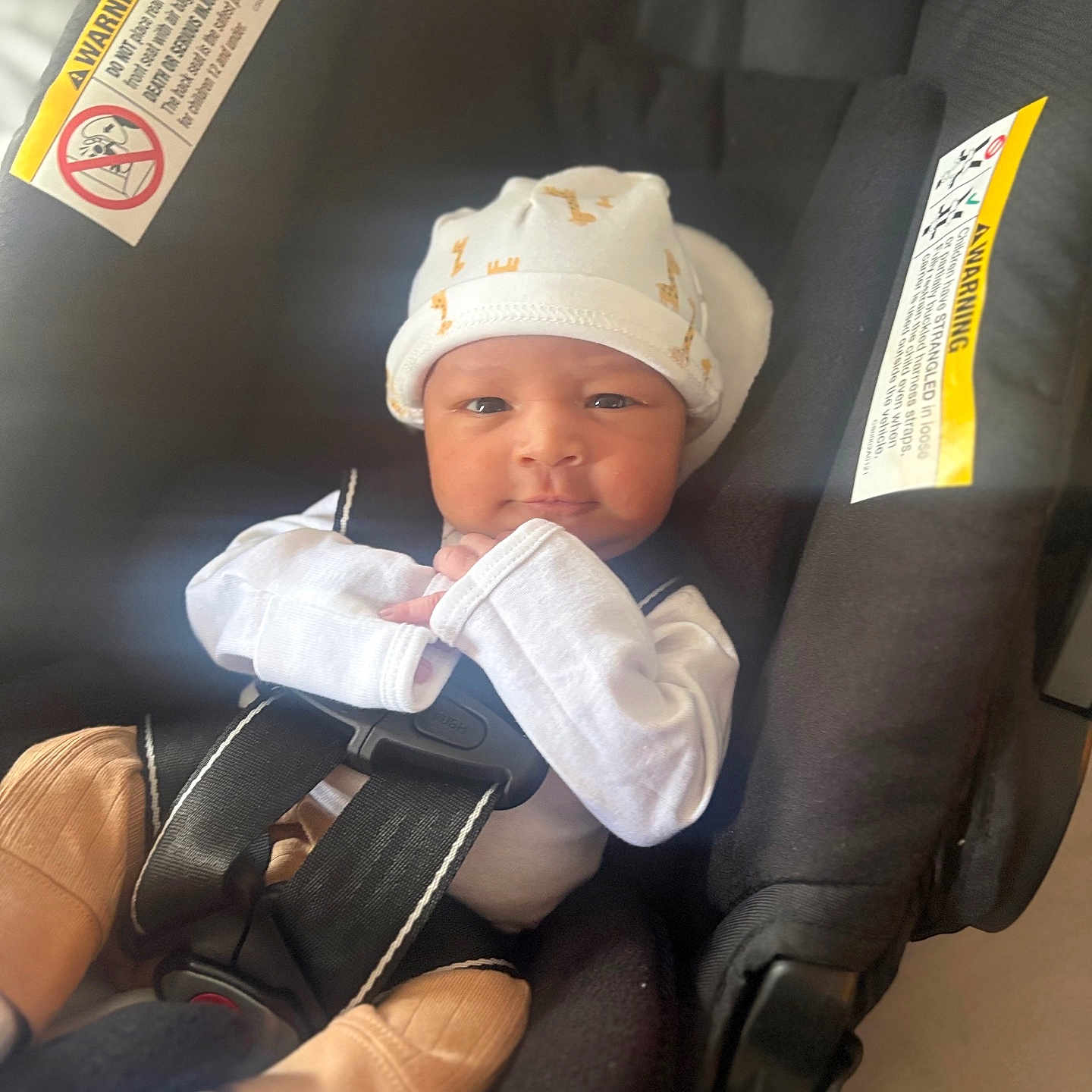 Danny is registered to the contest to win money with this photo: baby, infant, car_seat, hat, mittens, straps, warning_label, child, cute, newborn, clothing, seat, safety, indoors, person, portrait, young, resting, baby_clothes, closeup