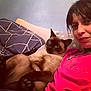 person, cat, siamese_cat, indoor, couch, pillow, relaxed, pet, animal, casual, portrait, furniture, home, comfort, resting, looking, pink_shirt, blue_pillow, closeup, companion