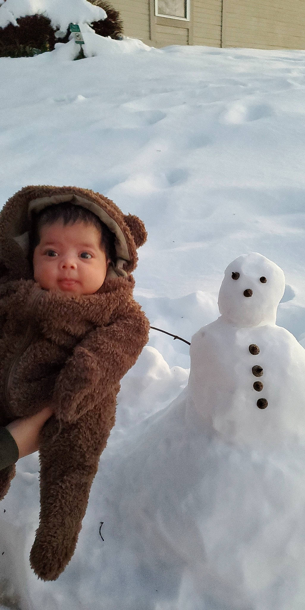 Anahi joined the competition — help win amazing prizes! cheek, freezing, fun, fur, gesture, happy, head, human_body, mammal, nose, organ, parka, people_in_nature, person, playing_in_the_snow, snow, snowman, toddler, vertebrate, white