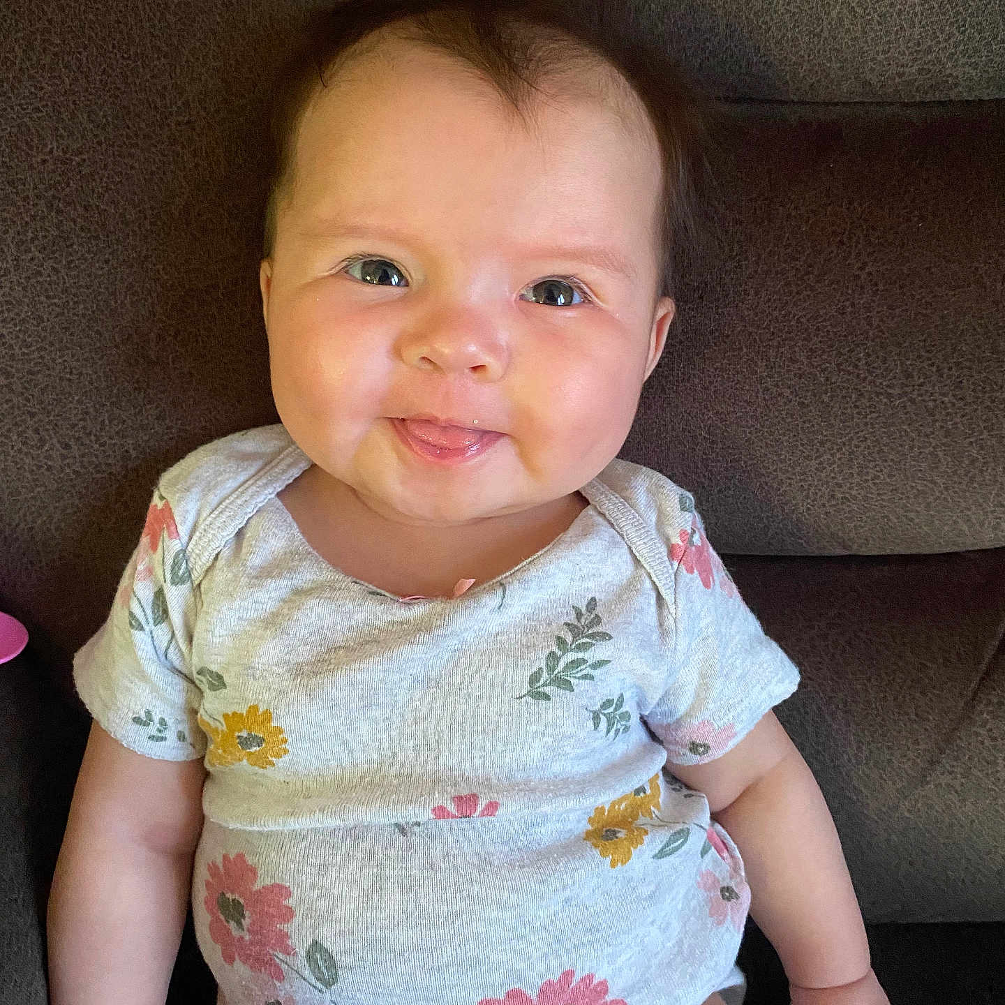 Harmony joined the competition — help win amazing prizes! accessories, baby, babylaughing, clothing, couch, cushion, face, furniture, happy, head, homedecor, jewelry, laughing, necklace, person, photography, portrait, sitting, smile, t_shirt