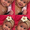 baby, infant, portrait, smile, headband, flower, cute, child, red_background, clothing, hand, skin, face, eyes, expression, collage, four_frames, toddler, happy, closeup