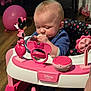 Zoey is registered to the contest to win money with this photo: baby, infant, child, baby_walker, activity_center, toy, minnie_mouse, pink, hardwood_floor, sitting, eating, hands, face, close_up, indoor, blue_clothing, chewing, ball, dumbbell, seat
