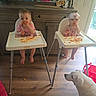 toddler, high_chair, spaghetti, messy, dog, white_dog, indoor, wooden_floor, mirror, woman, selfie, child, feeding, food, pink_clothing, helmet, cabinet, window, reflection, family