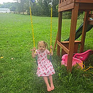 Alaina joined the competition — help win amazing prizes! child, girl, swing, playground, grass, outdoor, dress, pigtails, barefoot, toy, slide, wood, greenery, summer, daytime, recreation, backyard, yellow_chain, pink, playset