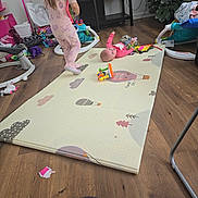 Chloe And Zoey is registered to the contest to win money with this photo: baby, child, pajamas, playmat, toys, indoor, floor, wooden_floor, furniture, shelf, tree, carpet, person, pink_clothing, walking, baby_toys, living_room, playtime, home, family