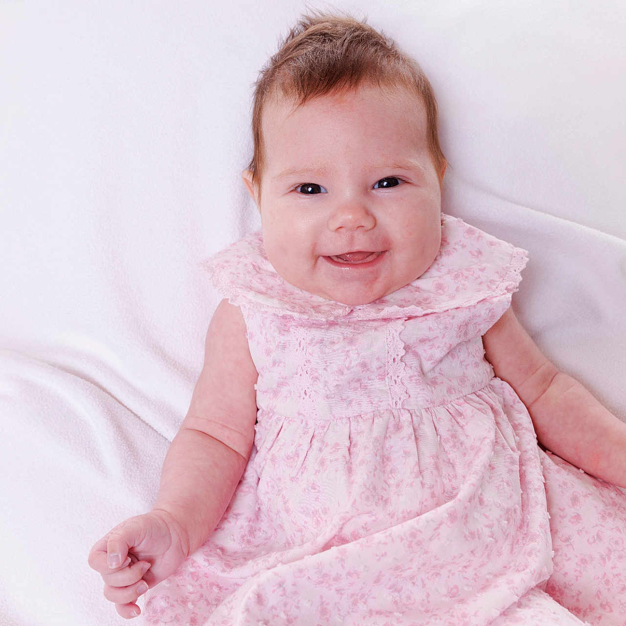 Frankie joined the competition — help win amazing prizes! baby, babylaughing, blanket, bodypart, clothing, dress, face, finger, hand, happy, head, laughing, longsleeve, newborn, person, photography, portrait, sitting, sleeve, smile