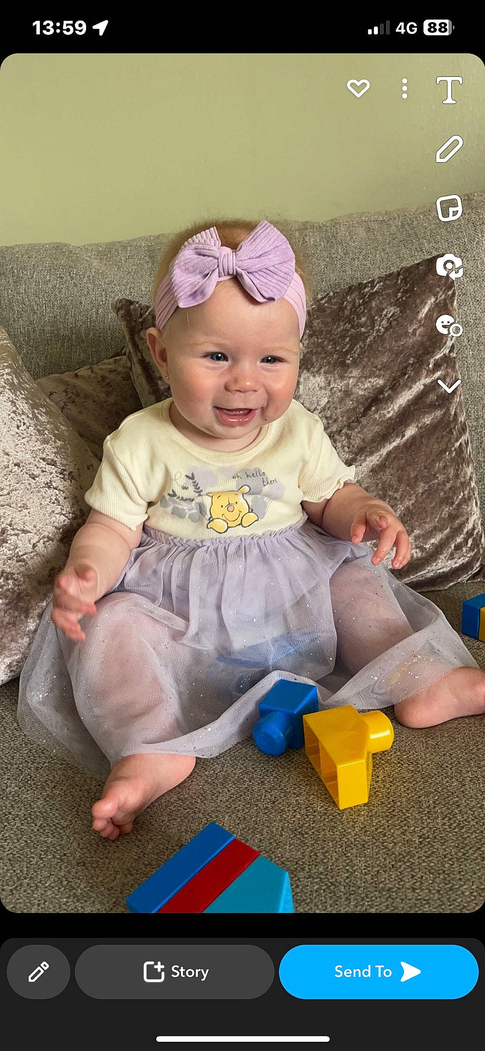 Izabelle joined the competition — help win amazing prizes! baby, baby_toddler_clothing, cap, child, dress, fashion_accessory, fun, happy, hat, headband, headpiece, headwear, jewellery, person, pink, product, purple, sitting, skin, sleeve