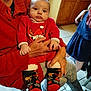 Aimé participe au concours pour gagner de l'argent avec cette photo : adult, baby, casual_wear, child, christmas_theme, clothing, family, festive, floor_tiles, hands, holding, holiday, indoor, infant, kitchen, person, red_outfit, seated, socks, wooden_cabinet
