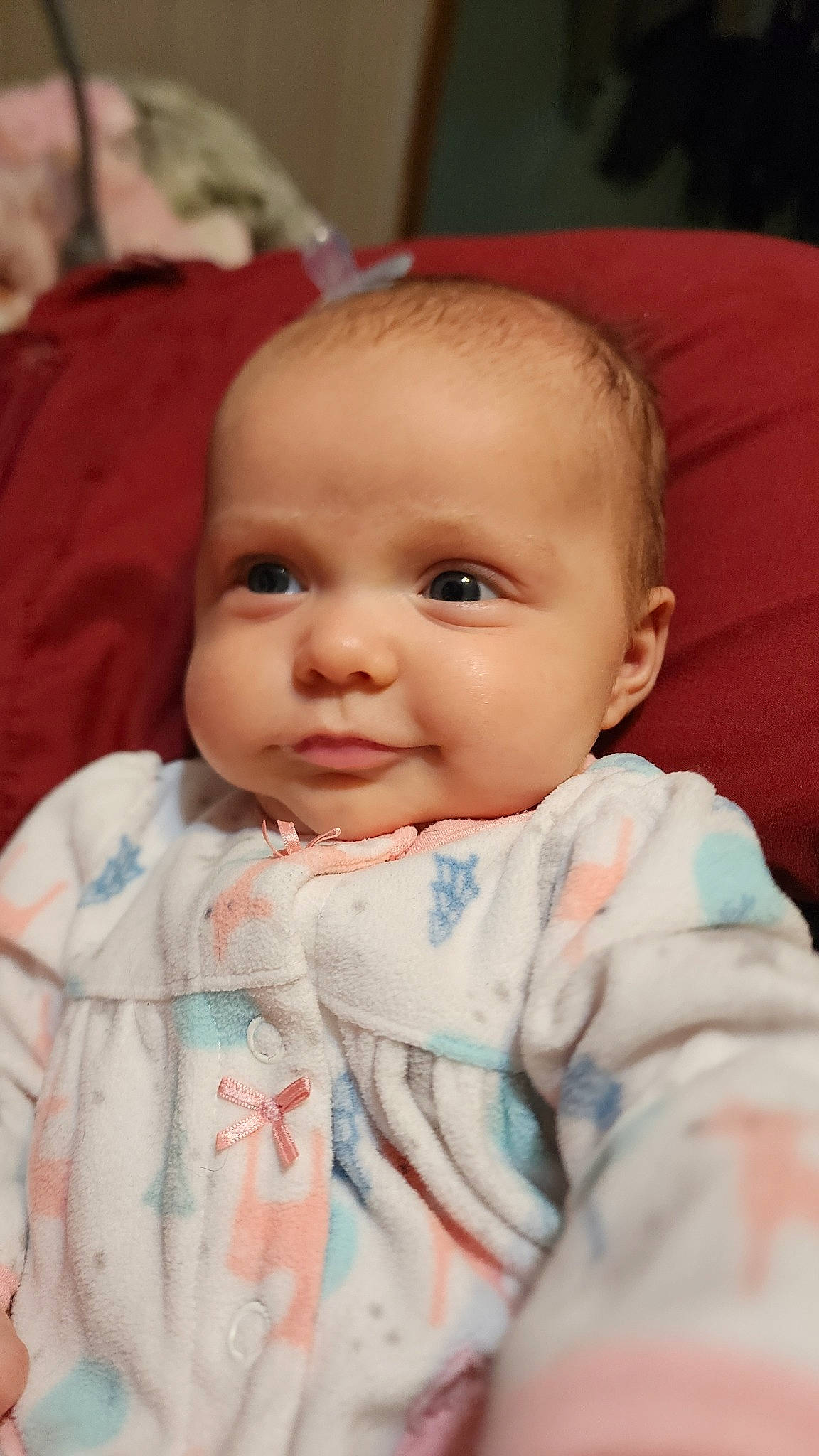 Delilah is registered to the contest to win money with this photo: baby, baby_toddler_clothing, cheek, child, chin, comfort, eye, eyebrow, face, facial_expression, happy, head, iris, lip, nose, person, skin, sleeve, smile, textile