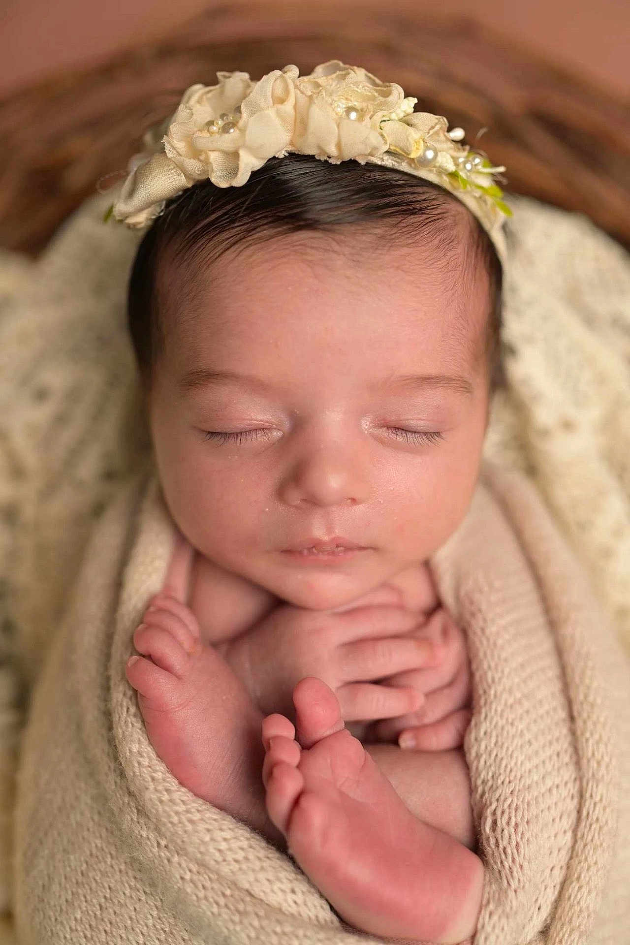 Ella participe au concours pour gagner de l'argent avec cette photo : newborn, baby, sleeping, wrapped, blanket, headband, flower, pearls, closeup, soft, peaceful, infant, skin, hands, feet, cozy, portrait, cute, knit, resting