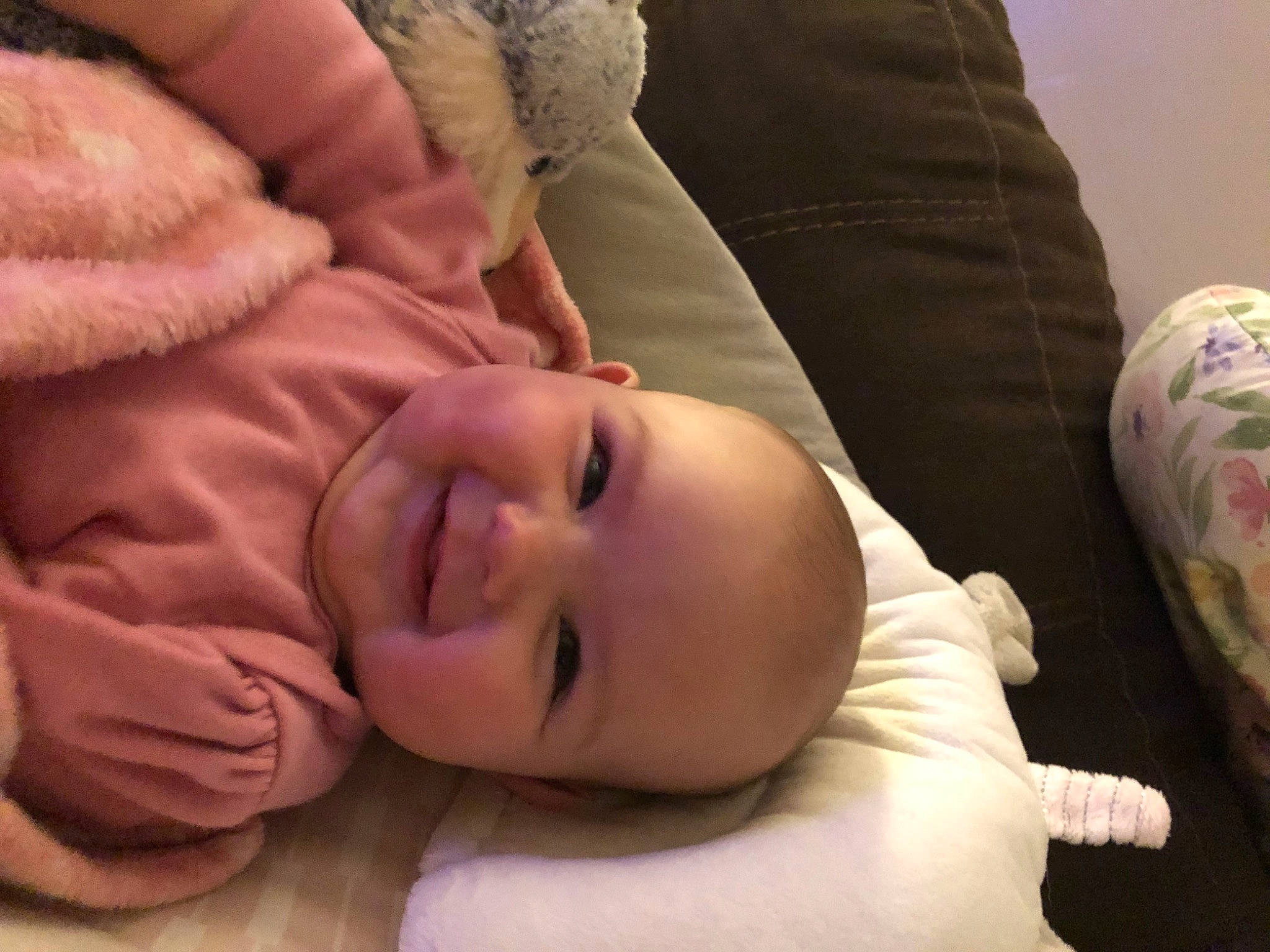 Aubrey is registered to the contest to win money with this photo: baby, baby_toddler_clothing, cheek, child, comfort, eye, eyebrow, gesture, happy, human_body, joy, linens, lip, mouth, nose, person, skin, sleeve, smile, textile