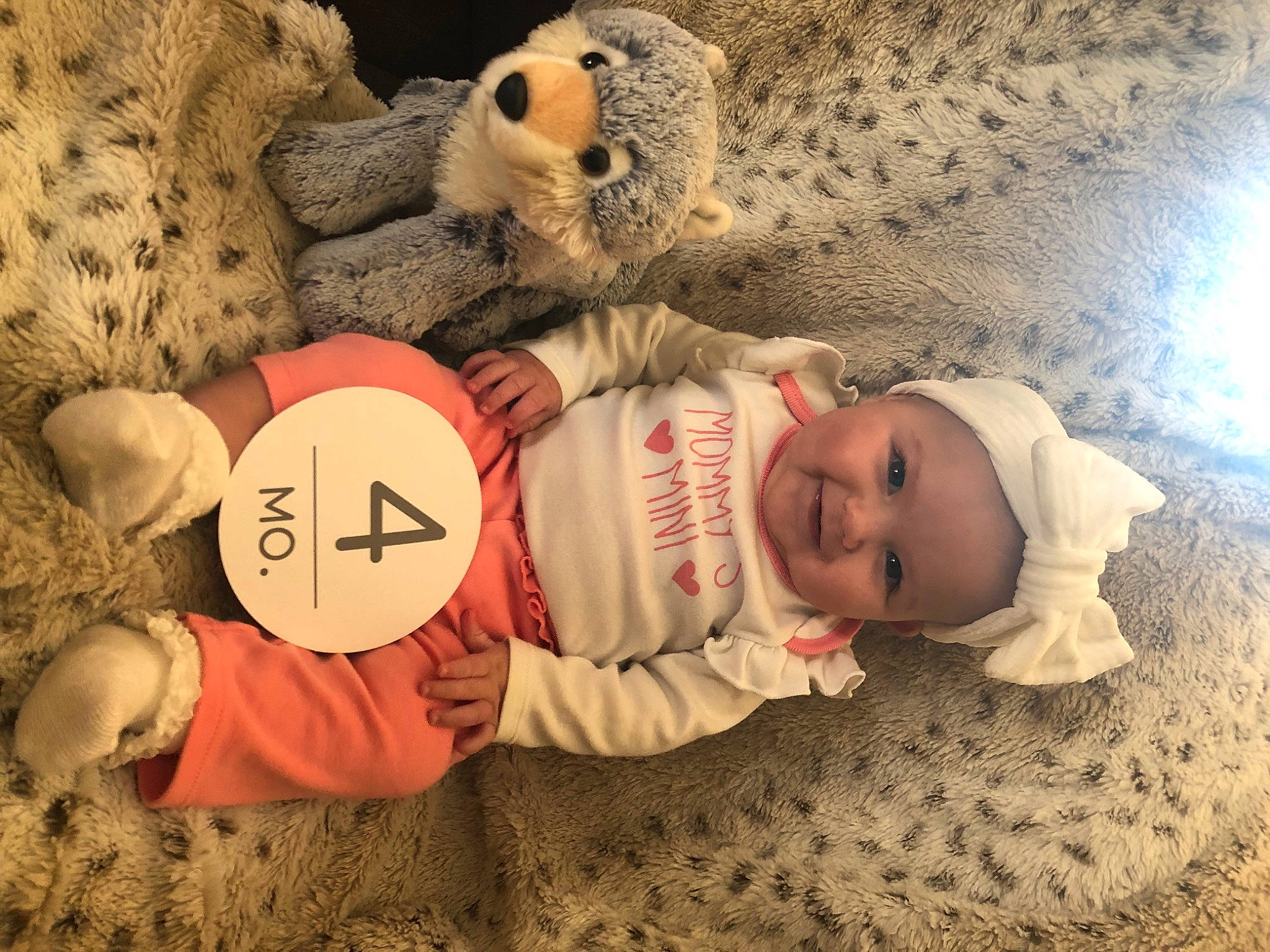 Aubrey joined the competition — help win amazing prizes! baby, baby_sleeping, baby_toddler_clothing, child, comfort, fur, happy, headwear, human_body, linens, mammal, person, room, skin, smile, stuffed_toy, teddy_bear, textile, toddler, toy