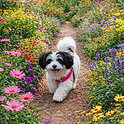 Sophie is registered to the contest to win money with this photo: dog, path, flowers, garden, nature, outdoor, happy, pet, fluffy, colorful, greenery, walking, spring, summer, cute, small_dog, playful, sunlight, natural_light, scenic
