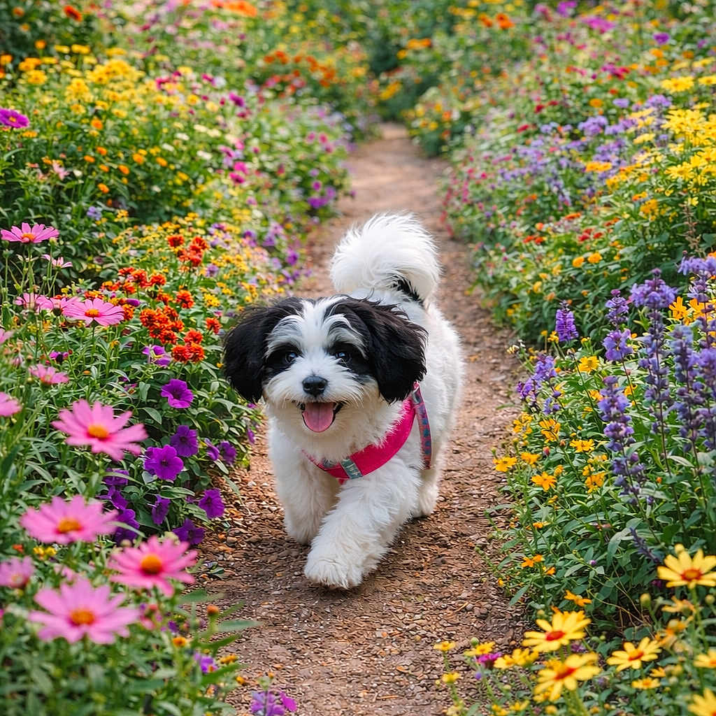 Sophie is registered to the contest to win money with this photo: dog, path, flowers, garden, nature, outdoor, happy, pet, fluffy, colorful, greenery, walking, spring, summer, cute, small_dog, playful, sunlight, natural_light, scenic