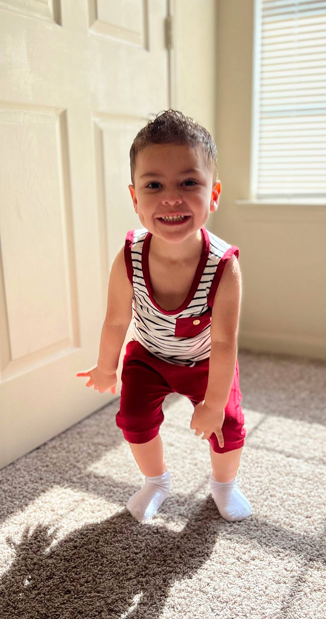 Brayden joined the competition — help win amazing prizes! baby, baby_toddler_clothing, barefoot, child, flash_photography, floor, flooring, fun, grass, happy, human_body, human_leg, joint, joy, person, shorts, sleeve, smile, t_shirt, toddler