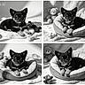 puppy, dog, black_and_white, collage, portrait, pet, small_dog, chihuahua, fluffy_bed, dog_bed, teddy_bear, toy, chew_toy, collar, indoor, cozy, cute, sitting, lying_down, watermark