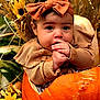 baby, child, pumpkin, headband, orange, flower, autumn, fall, cute, portrait, hands, nature, harvest, seasonal, outdoor, closeup, infant, yellow_flower, background, costume
