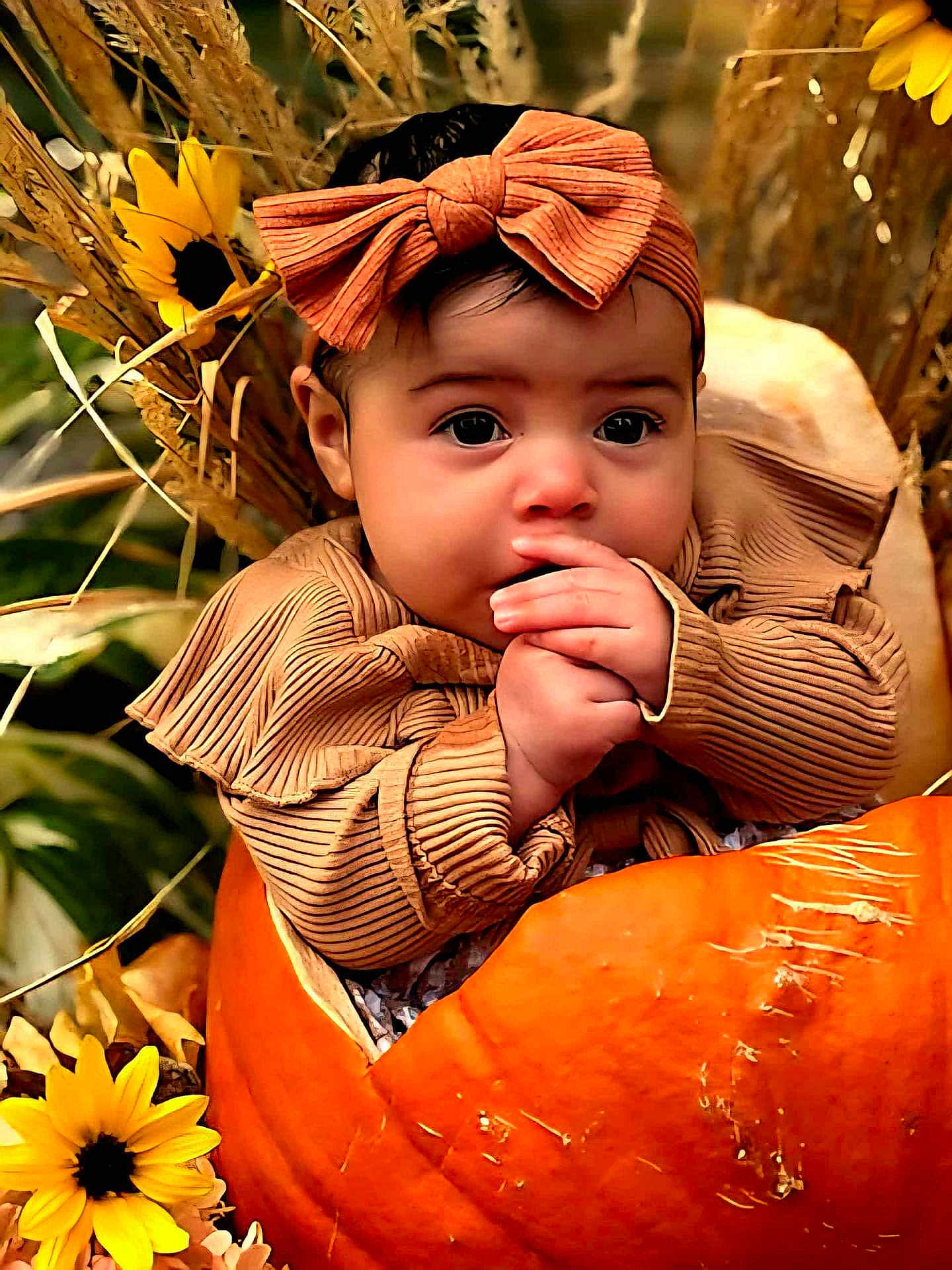 Sunniva is registered to the contest to win money with this photo: baby, child, pumpkin, headband, orange, flower, autumn, fall, cute, portrait, hands, nature, harvest, seasonal, outdoor, closeup, infant, yellow_flower, background, costume