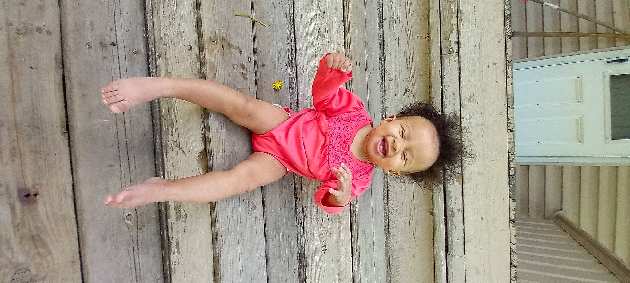 Kiyah joined the competition — help win amazing prizes! baby_toddler_clothing, fun, grass, happy, human_leg, leg, leisure, magenta, pattern, people_in_nature, person, pink, plant, red, smile, standing, thigh, toddler, tree, window
