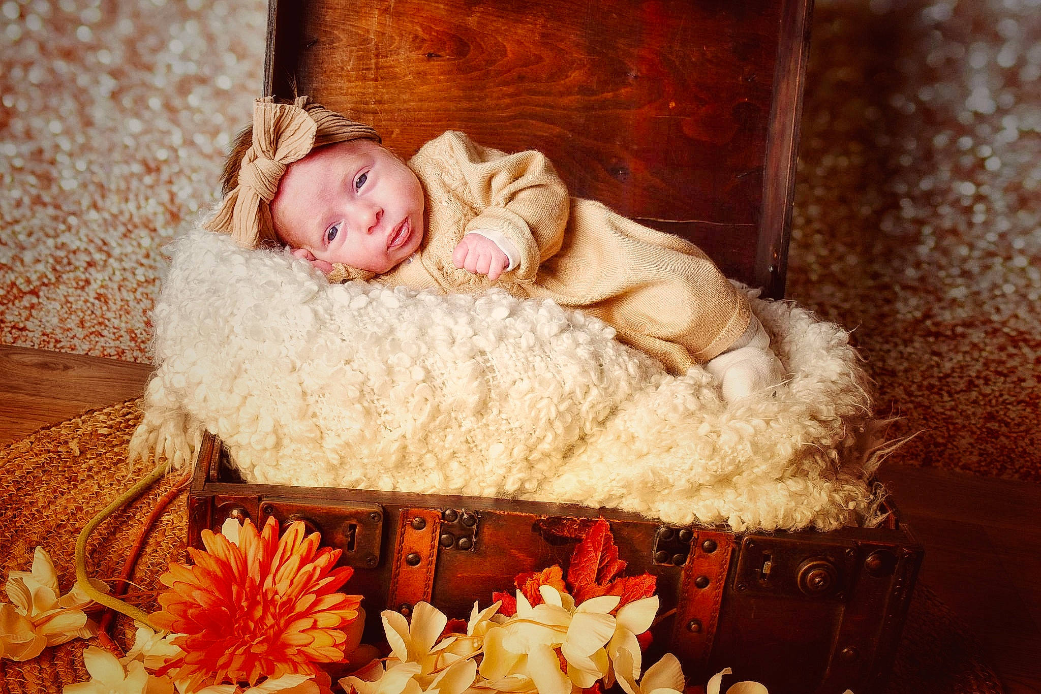 Noelia a rejoint le concours — aidez-le/la à gagner de superbes lots ! baby, baby_toddler_clothing, child, comfort, event, fashion_accessory, flash_photography, flower, flower_arranging, fur, happy, headwear, peach, person, petal, plant, portrait, room, sitting, textile