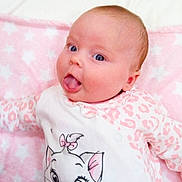Darcie joined the competition — help win amazing prizes! baby, infant, child, tongue_out, pink_blanket, white_blanket, cute, cartoon_cat, clothing, pattern, face, head, skin, eyes, cheeks, soft_texture, lying_down, happy, playful, indoors