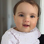 Lyna participe au concours pour gagner de l'argent avec cette photo : baby, child, closeup, clothing, cute, dress, eyebrows, eyes, face, hair, happy, indoors, infant, light, person, portrait, skin, small_hair_tie, smiling, young_child