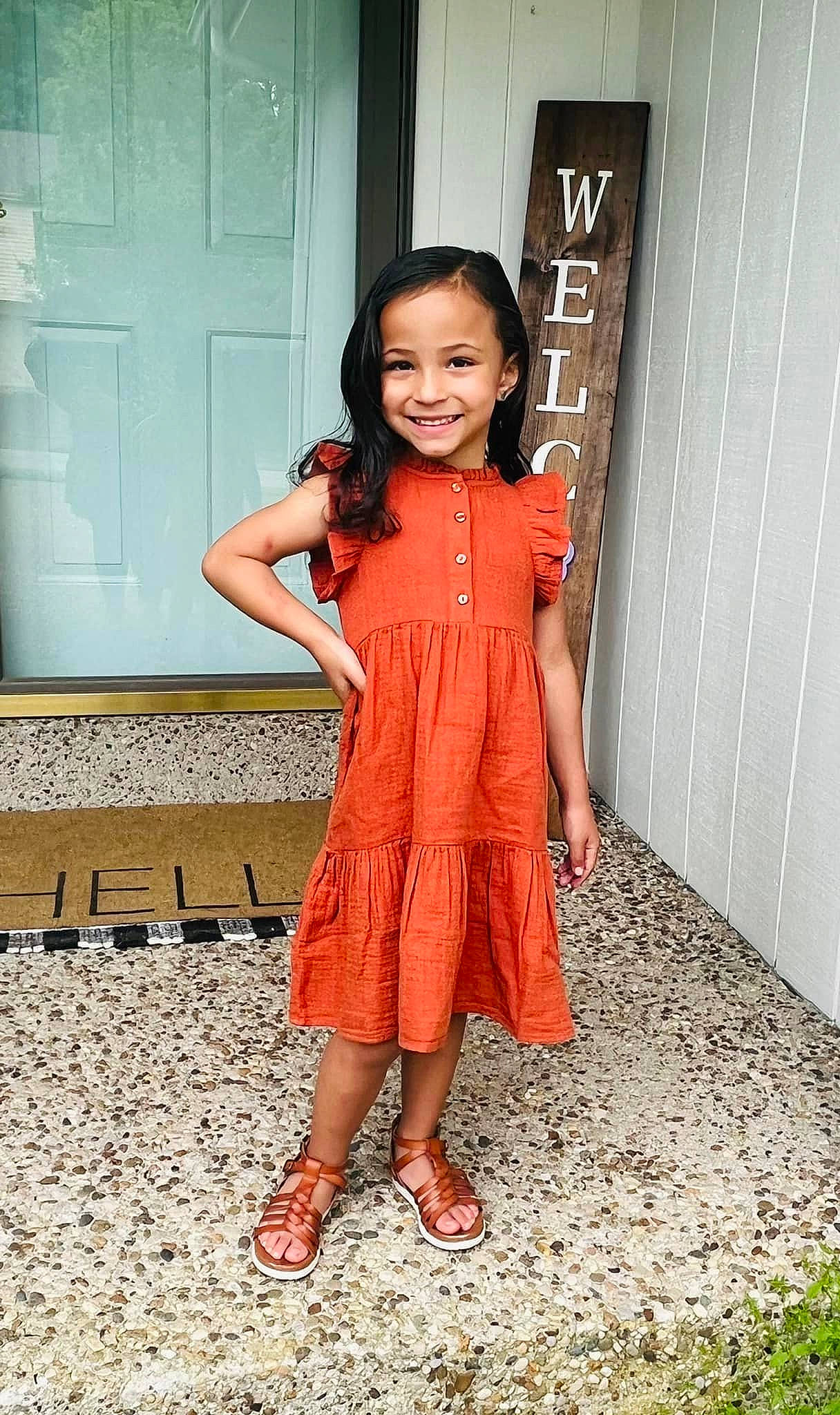 Gianna joined the competition — help win amazing prizes! brown_hair, day_dress, door, dress, fashion_design, flash_photography, flooring, formal_wear, hair, happy, human_leg, joy, leg, long_hair, pattern, peach, person, shoulder, sleeve, smile