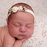 Rosie joined the competition — help win amazing prizes! baby, newborn, sleeping, face, headband, flower, skin, pillow, pattern, closeup, peaceful, infant, resting, portrait, soft, cute, child, hands, delicate, calm