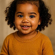 Lïyana participe au concours pour gagner de l'argent avec cette photo : toddler, child, smiling, curly_hair, ponytail, sweater, mustard, knitwear, portrait, face, happy, cute, indoors, warm_colors, cozy, young_child, closeup, person, headshot, studio