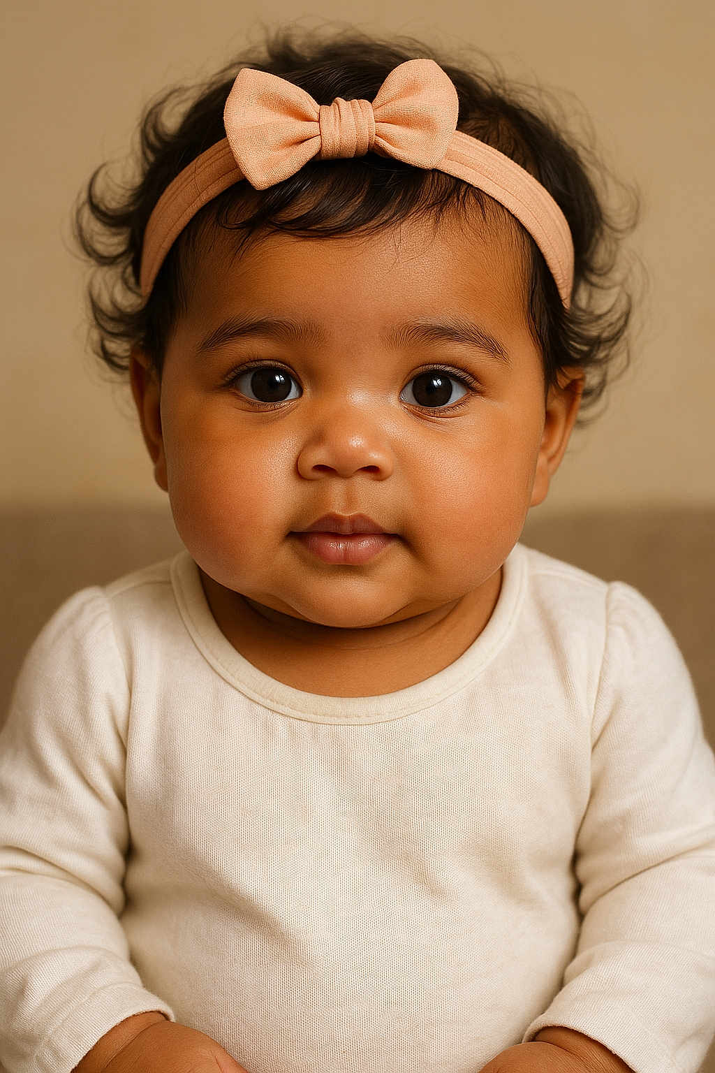 Lïyana a rejoint le concours — aidez-le/la à gagner de superbes lots ! baby, infant, child, headband, bow, curly_hair, brown_eyes, chubby_cheeks, cream_top, portrait, close_up, cute, adorable, innocent, soft_lighting, neutral_background, sitting, young_child, face, person