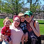 Edward is registered to the contest to win money with this photo: child, children, woman, outdoor, park, smile, family, sunny, trees, greenery, grass, casual_clothing, glasses, cap, sunglasses, embrace, happy, people, daytime, portrait