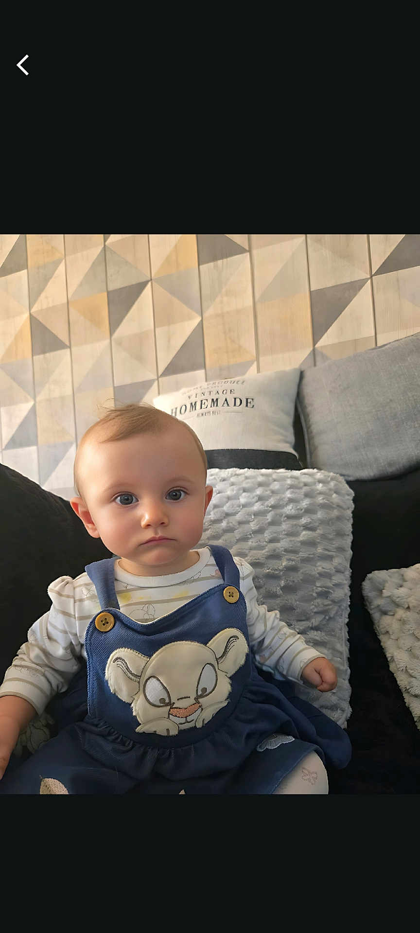 Romy a rejoint le concours — aidez-le/la à gagner de superbes lots ! baby, child, infant, blue_overall, cartoon_lion, couch, cushions, striped_shirt, indoor, portrait, serious_expression, wall_pattern, home, seated, cute, young_child, face, person, comfortable, soft_textures