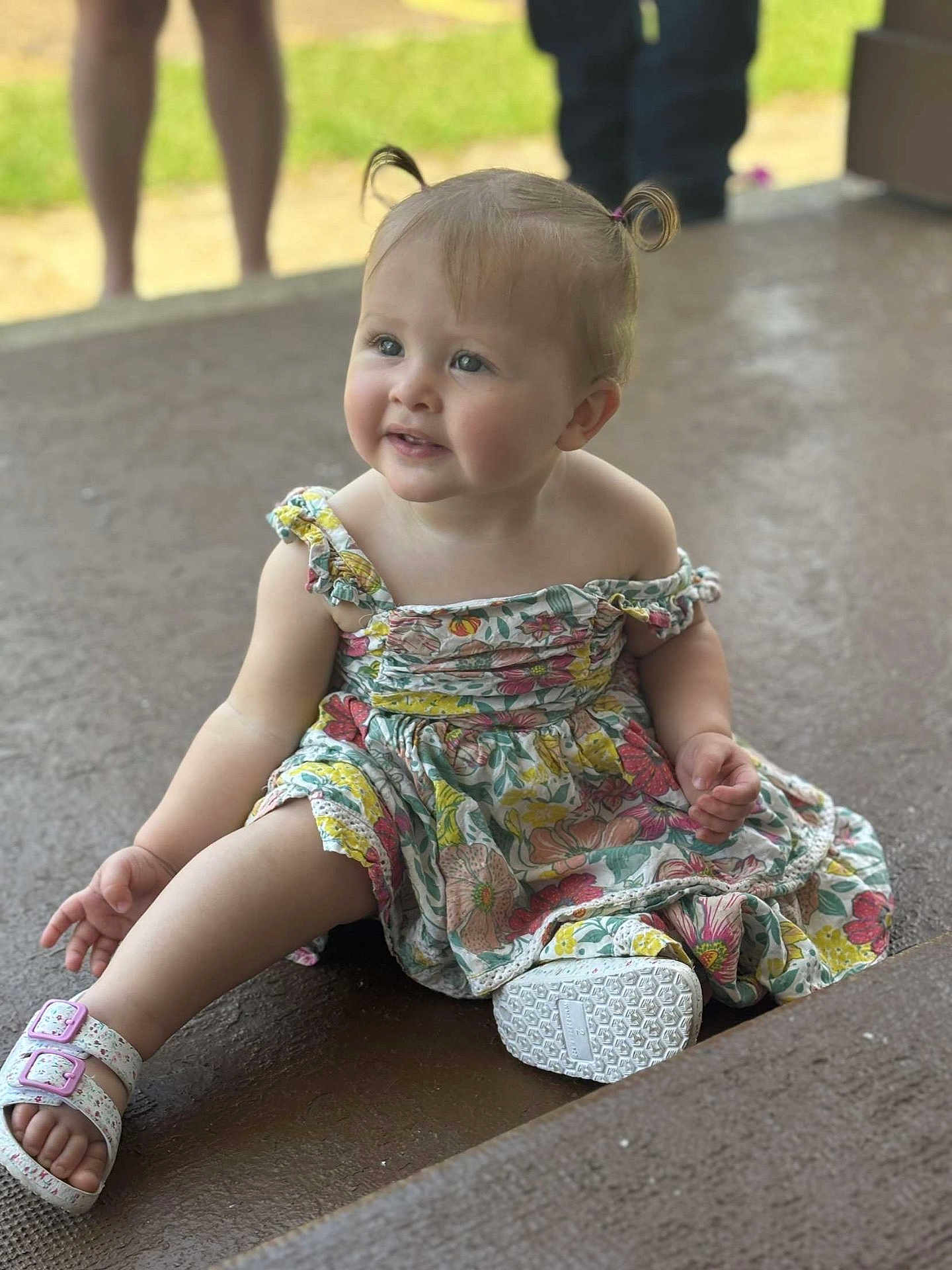 Olivia joined the competition — help win amazing prizes! baby, child, city, clothing, dress, face, female, footwear, girl, grass, happy, head, pants, person, photography, plant, portrait, sandal, shoe, sitting