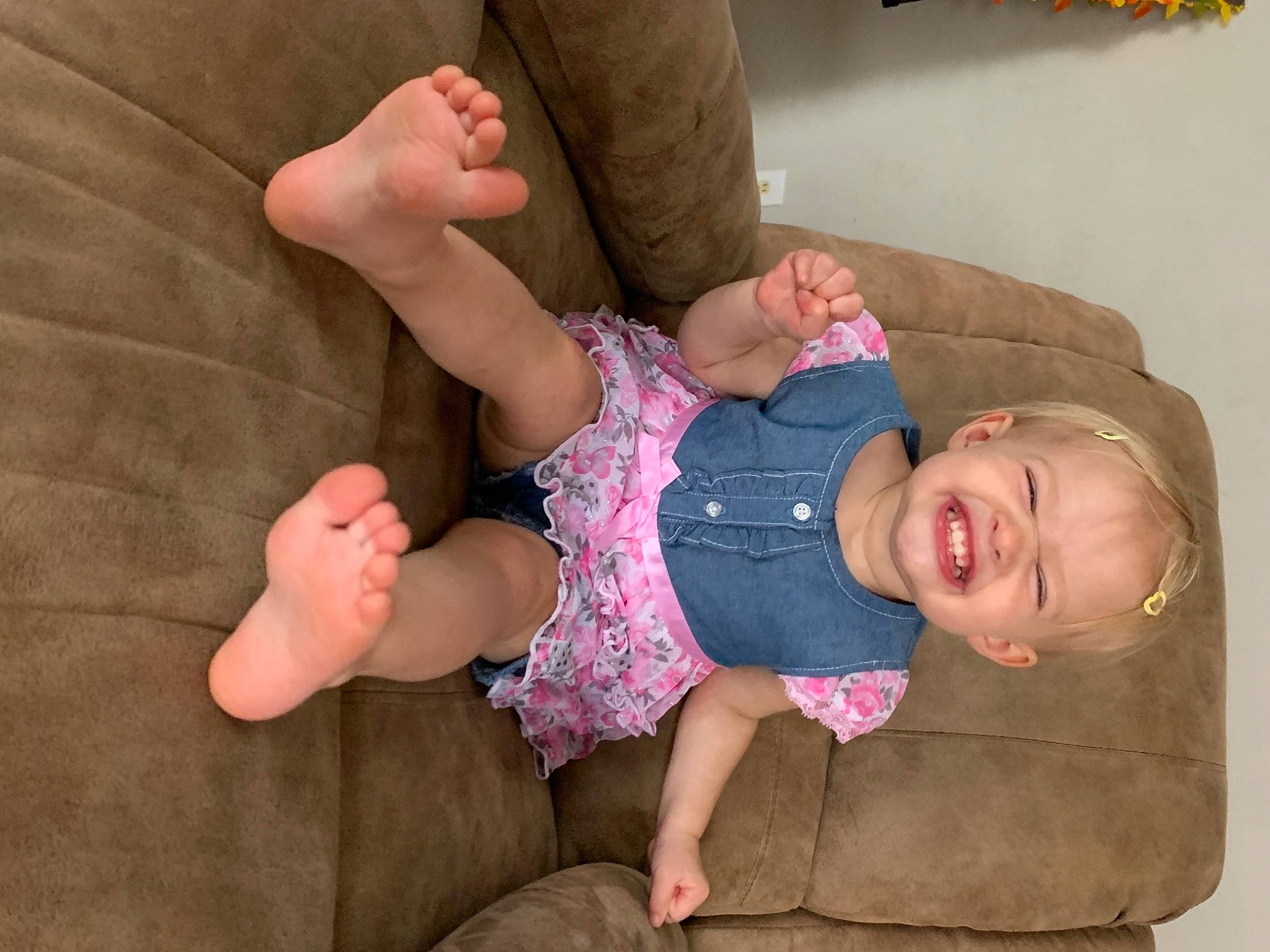 Rylinn joined the competition — help win amazing prizes! baby, baby_toddler_clothing, barefoot, comfort, finger, foot, fun, gesture, hand, happy, lap, leg, person, pink, skin, sleeve, smile, sock, textile, thumb