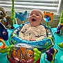Aaron is registered to the contest to win money with this photo: baby, child, smiling, laughing, activity_center, toy_shark, toy_crab, toy_fish, indoor, window_blinds, colorful, playful, seat, person, infant, happy, clothing, plastic_toys, mirror, carpet