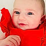 Aurore participe au concours pour gagner de l'argent avec cette photo : baby, infant, smile, red_dress, child, face, hand, closeup, portrait, cute, young, skin, eyes, expression, adorable, human, person, clothing, fingertips, background