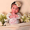 baby, infant, flower_headband, lace_clothing, teddy_bear, flowers, blanket, soft_texture, cute, portrait, newborn, resting, cozy, indoor, adorable, child, pretty, still_life, gentle, peaceful