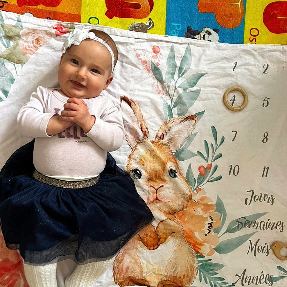 Sarah Gloria participe au concours pour gagner de l'argent avec cette photo : alphabet, baby, bunny, child, clothing, colorful, cute, face, happy, headband, illustration, indoors, infant, lying_down, numbers, person, play_mat, skirt, smiling, tights