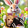 animal, black_jacket, cartoon_bunny, chihuahua, colorful, cute, dog, easter, easter_eggs, flowers, grass, outdoor_scene, pet, photobomb, portrait, sitting, small_dog, spring, tracksuit, whimsical