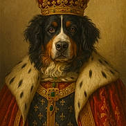 Bernie joined the competition — help win amazing prizes! animal_portrait, bernese_mountain_dog, black, brown, canine, costume, crown, dog, fancy, fur, fur_pattern, gold, indoor, jewels, luxury, noble, portrait, regal, royal_robe, white