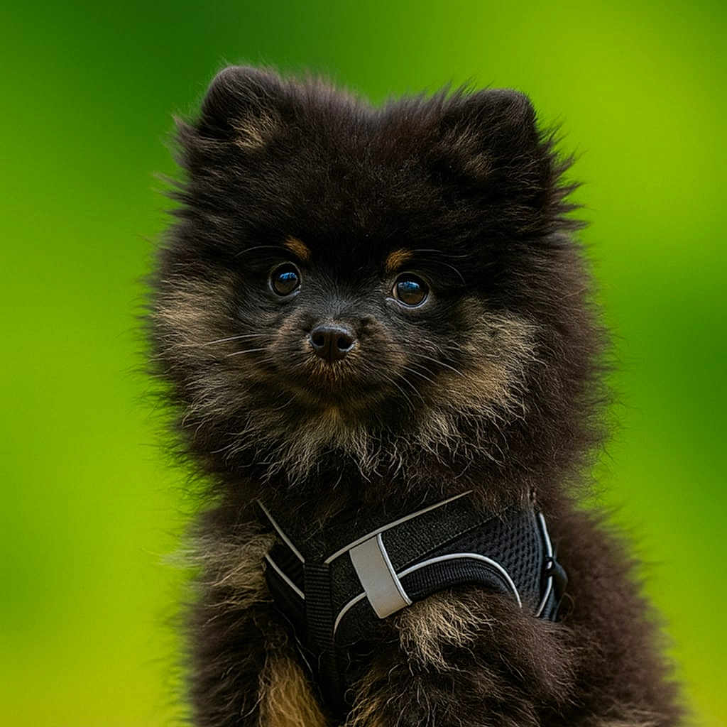 Aiko participe au concours pour gagner de l'argent avec cette photo : adorable, alert, animal, black, cute, dog, fluffy, friendly, fur, green_background, harness, outdoor, pet, pomeranian, portrait, puppy, sitting, small_dog, tan, young