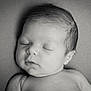 baby, newborn, infant, sleeping, portrait, black_and_white, monochrome, closeup, face, head, hair, cheeks, skin, torso, resting, peaceful, nap, studio, blanket, soft_texture