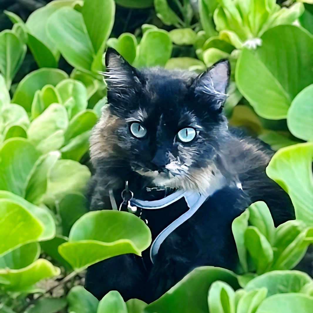 Echobear joined the competition — help win amazing prizes! cat, black_cat, blue_eyes, green_leaves, plants, outdoor, nature, pet, animal, fur, whiskers, close_up, curious, wildlife, garden, flora, leafy, mammal, domestic_animal, portrait