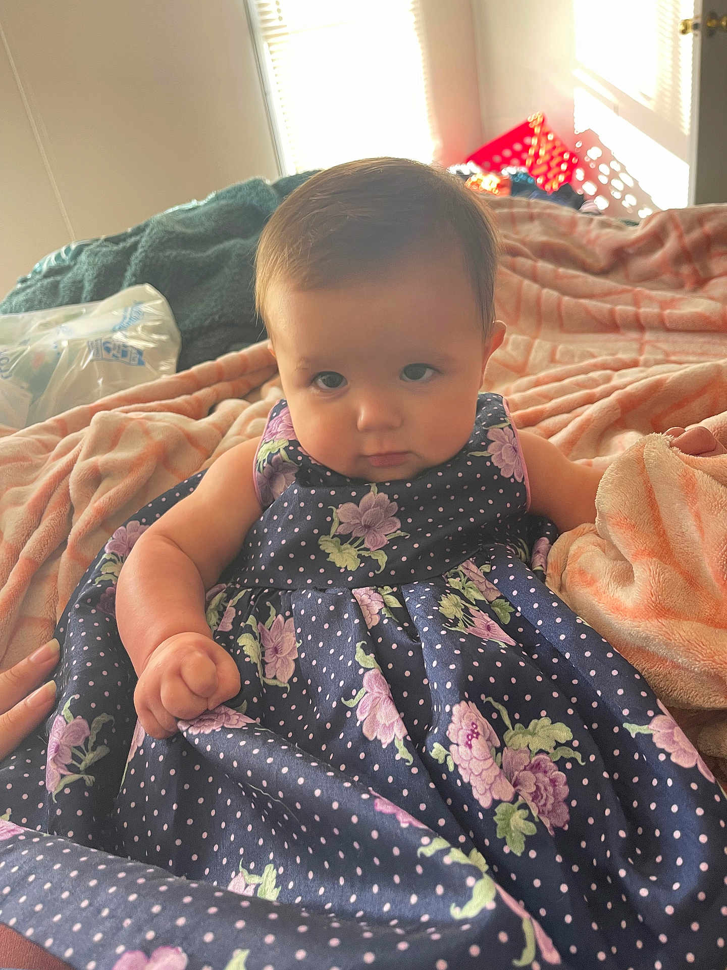 Leanna joined the competition — help win amazing prizes! baby, child, dress, floral_pattern, blanket, indoor, person, portrait, cute, infant, hand, face, expression, sitting, cozy, soft, fabric, home, light, casual