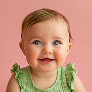 Joahna joined the competition — help win amazing prizes! baby, infant, child, smile, portrait, pink_background, blue_eyes, green_clothing, ruffled_sleeves, close_up, face, rosy_cheeks, chubby_cheeks, studio_portrait, happy, one_person, headshot, short_hair, soft_lighting, cute