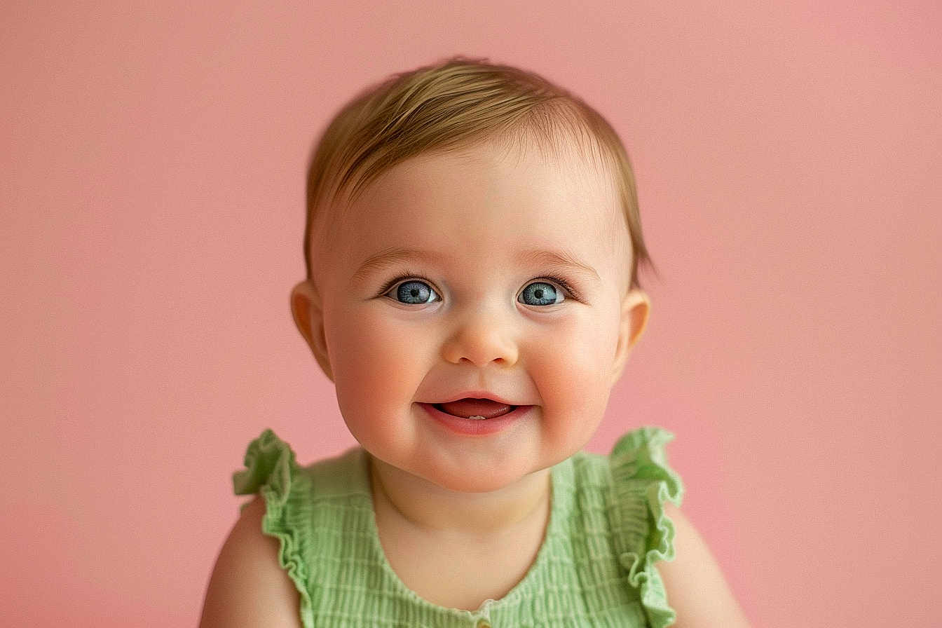 Joahna joined the competition — help win amazing prizes! baby, infant, child, smile, portrait, pink_background, blue_eyes, green_clothing, ruffled_sleeves, close_up, face, rosy_cheeks, chubby_cheeks, studio_portrait, happy, one_person, headshot, short_hair, soft_lighting, cute